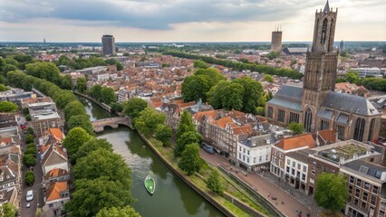Obraz premium Aerial View of Utrecht City Center Showcasing Historic Architecture, Canals, and Lively Urban Life in the Heart of the Netherlands