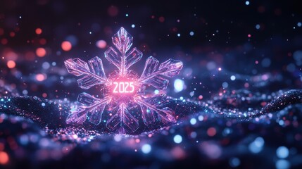 Fototapeta premium Futuristic holographic snowflake with '2025' illuminated in the center, floating in a festive setting with neon sparkles against a dark background, representing a modern holiday theme