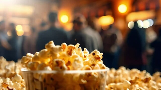 A clear cup filled with popcorn, surrounded by a large quantity of popcorn in a vibrant setting with people in the background.
