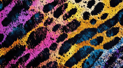 A colorful textile print with an abstract pattern featuring modern geometry stripes and a leopardinspired design