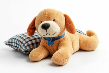 Brown plush dog laying on a pillow.