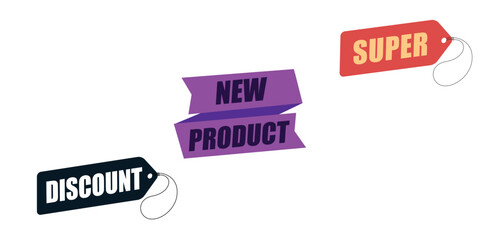 Promotional tags with phrases like 'Discount,' 'New Product,' and 'Super.' Labels for advertising and product highlights.