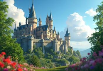 Fototapeta premium A large, ornate castle with multiple levels and roofs, surrounded by trees against a blue sky