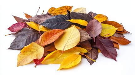 Fototapeta premium A scattered pile of colorful autumn leaves, ranging from yellow to deep brown, in a loose arrangement, isolated on white background