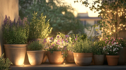Herbs and Flowering Plants in Decorative Pots on a Cozy Balcony.