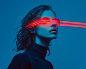 A futuristic portrait of a woman with red neon light beams across her eyes, set against a blue background.
