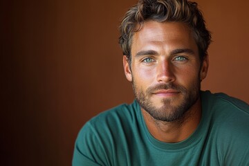 Fototapeta premium portrait Scandinavian man in green sweatshirt on brown background, closeup