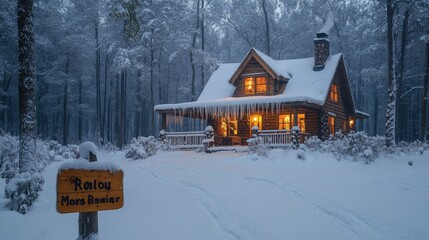 A cozy wooden cabin nestled in a snowy forest with icicles hanging from the eaves.