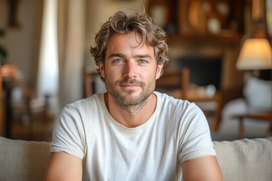 portrait caucasian blonde man 35 years old in white T-shirt sitting on sofa at home