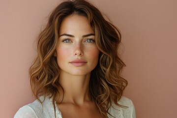 portrait of caucasian serious woman 35 years old in white blouse on pink background