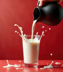 Glass of milk on the table with a red background