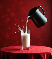 Glass of milk on the table with a red background