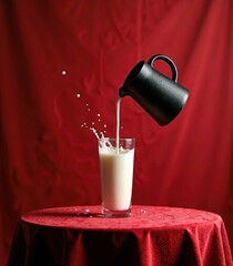 Glass of milk on the table with a red background