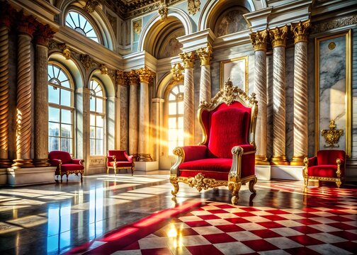 A red velvet throne sits in a grand hall with golden pillars and marble floors, illuminated by sunlight streaming through arched windows
