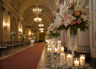 Aisle decorated with candles and floral arrangements in a grand hall