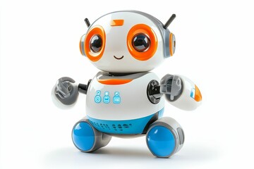 Friendly white robot with blue wheels.