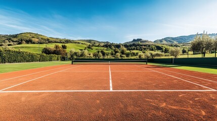 Fototapeta premium A picturesque outdoor tennis court with red clay surface, white lines, and a backdrop of green hills and clear sky