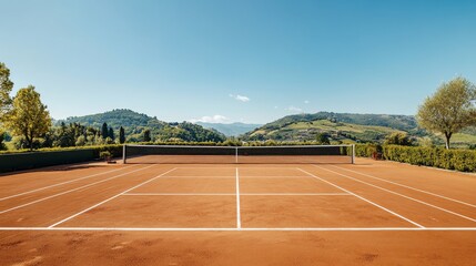 A picturesque outdoor tennis court with red clay surface, white lines, and a backdrop of green hills and clear sky