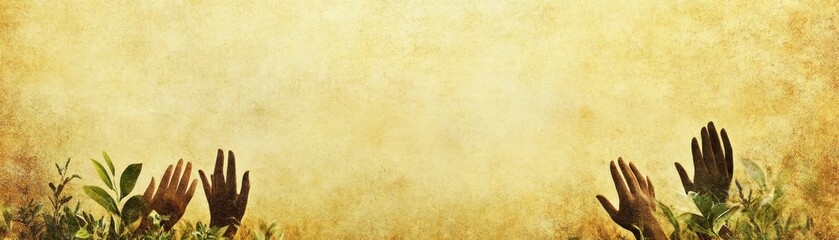 Obraz premium Hands reaching upward against a textured yellow background, symbolizing hope and growth.