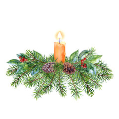 Christmas Fir garland with candle watercolor illustration