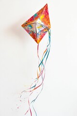 Colorful kite with trailing ribbons.