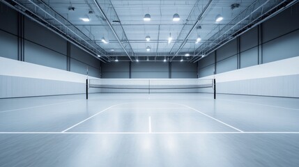 A pristine indoor volleyball court with a net in the center and clean, marked flooring, bright overhead lighting