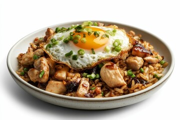 Fototapeta premium Fried rice with chicken and a fried egg.