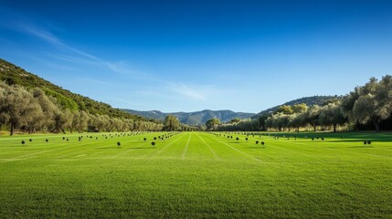 Fototapeta premium A pristine outdoor archery range with neatly arranged targets, vibrant green grass, and clear skies