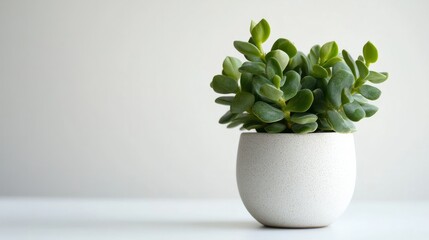 A small jade plant with round, fleshy green leaves, resting on a clean white surface