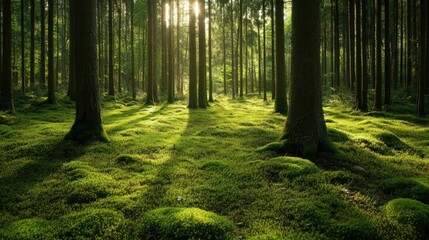Fototapeta premium Forest floor covered in lush moss, creating a vibrant and earthy plant background