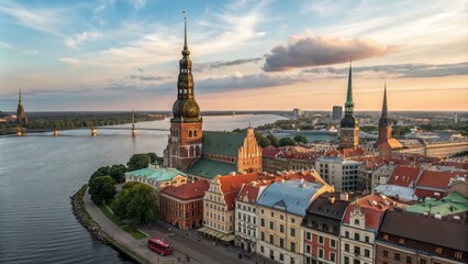 Fototapeta premium A Stunning Aerial View of the Historic Cityscape of Riga, Latvia, Showcasing the Charm of Its Old Town, Colorful Architecture, and Scenic River Landscape in a Digital Painting Style