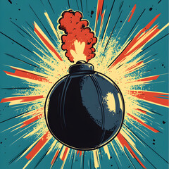 A black round bomb in the style of a retro comic book explosion
