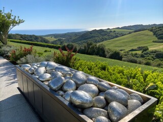A Stunning Display of Silver Rocks in a Large Container Surrounded by Lush Greenery, Capturing the Beauty of Nature and Natural Elements in a Unique Landscape Photography Scene