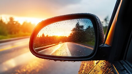 Raindrops on car side view mirror and window. Bad weather driving and journey concept 