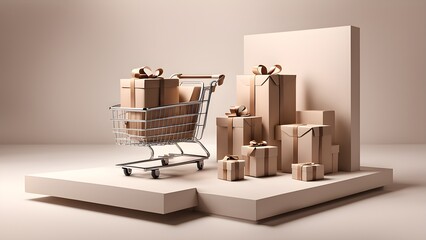 A shopping cart filled with gift boxes on a podium.