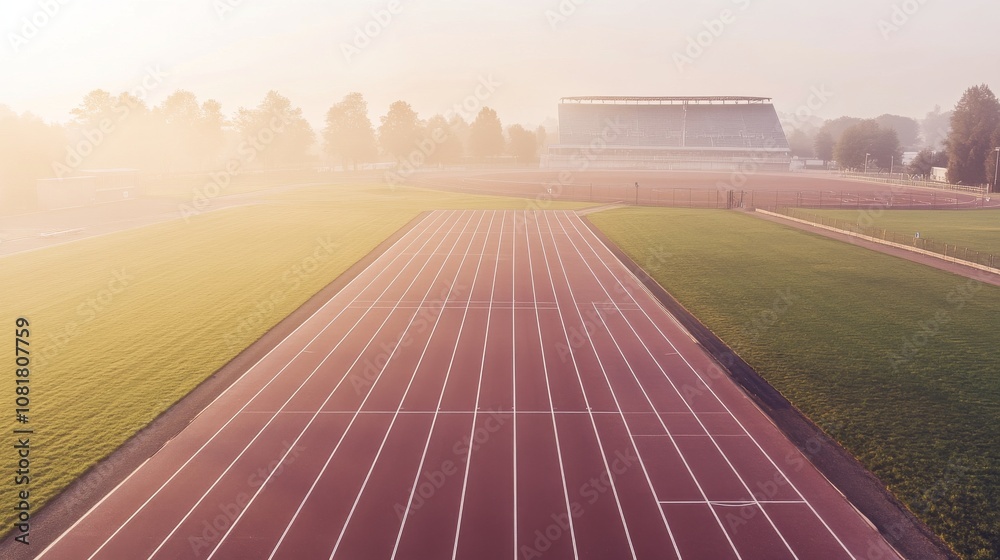 Poster a pristine outdoor running track with marked lanes and a stadium in the distance, early morning mist