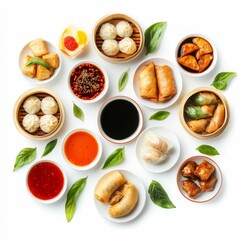 Chinese food, dumplings, spring rolls, sauces.
