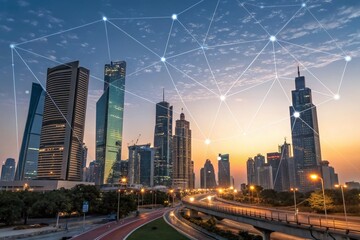 Fototapeta premium A Stunning Modern Cityscape at Dusk with a Digital Network Overlay Showcasing Urban Innovation and Connectivity in a Vibrant Night Scene