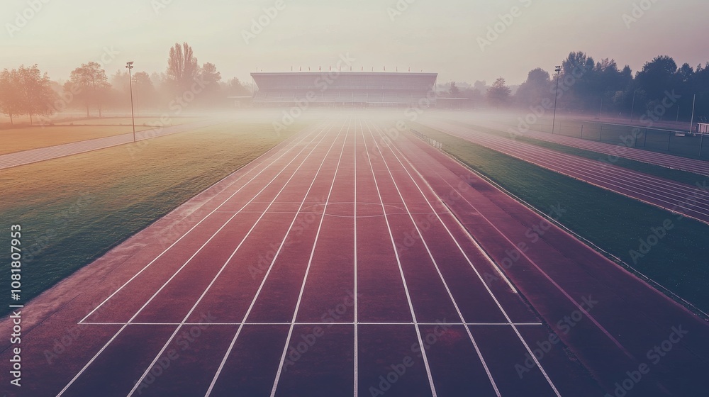 Poster a pristine outdoor running track with marked lanes and a stadium in the distance, early morning mist