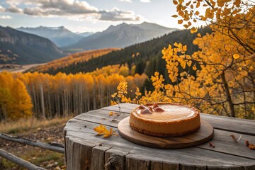 Fototapeta premium Autumn Harvest Delight: A Beautifully Styled Pumpkin Cheesecake Surrounded by Fall Leaves, Rustic Decor, and Warm Lighting for a Cozy Seasonal Vibe