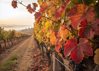 Autumn Vine Leaf in Vineyard During Harvest Season: Captivating Food Photography of Grape Leaves in Rich Fall Colors