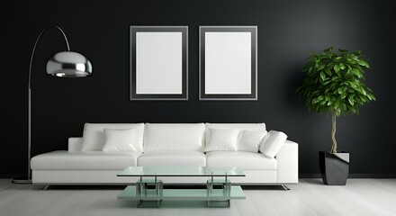 A Scandinavian-inspired living room with a sofa set and blank vertical frames with frames are placed on the black wall 3d illustration image.