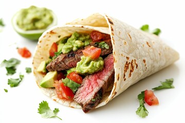 Steak, avocado, tomato, cilantro, and tortilla.