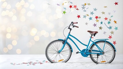 Fototapeta premium A Vibrant Blue Bicycle Surrounded by Colorful Stars on a White Background for Conceptual Photography Inspiration