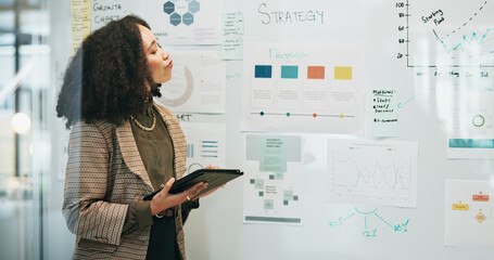 Business, woman and thinking on whiteboard with tablet for strategy, planning and report as trend analyst. Female person, employee and office for company growth with notes, insights and statistics