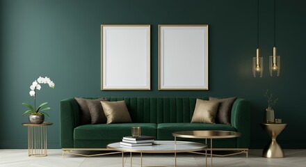 A Scandinavian-inspired living room with a sofa set and blank vertical frames with frames are placed on the dark-green wall 3d illustration image.