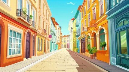 Obraz premium Colorful European City Street with Shops and Balconies