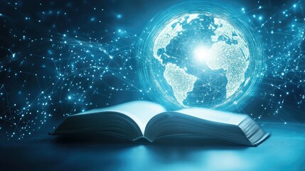 Futuristic global education with open book and planet map on blue background