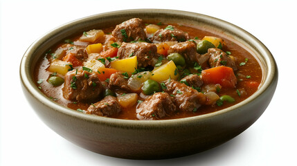 A hearty beef stew featuring tender beef chunks, potatoes, carrots, peas, and a rich, flavorful broth. Served in a rustic bowl, this warm and comforting dish is perfect for cozy meals.