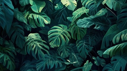 Jungle-inspired foliage with large leaves and layered greens, creating an exotic plant background